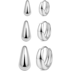 3 Pairs Silver Hoop Earrings Set for Women Chunky Trendy Huggie Dainty Jewelry
